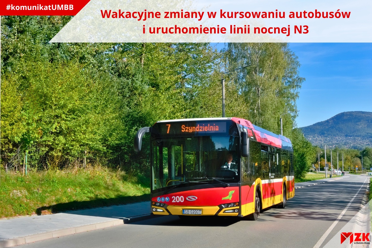 Nagłówek: Wakacyjne zmiany w kursowaniu autobusów; zdjęcie z autobusem linii 7