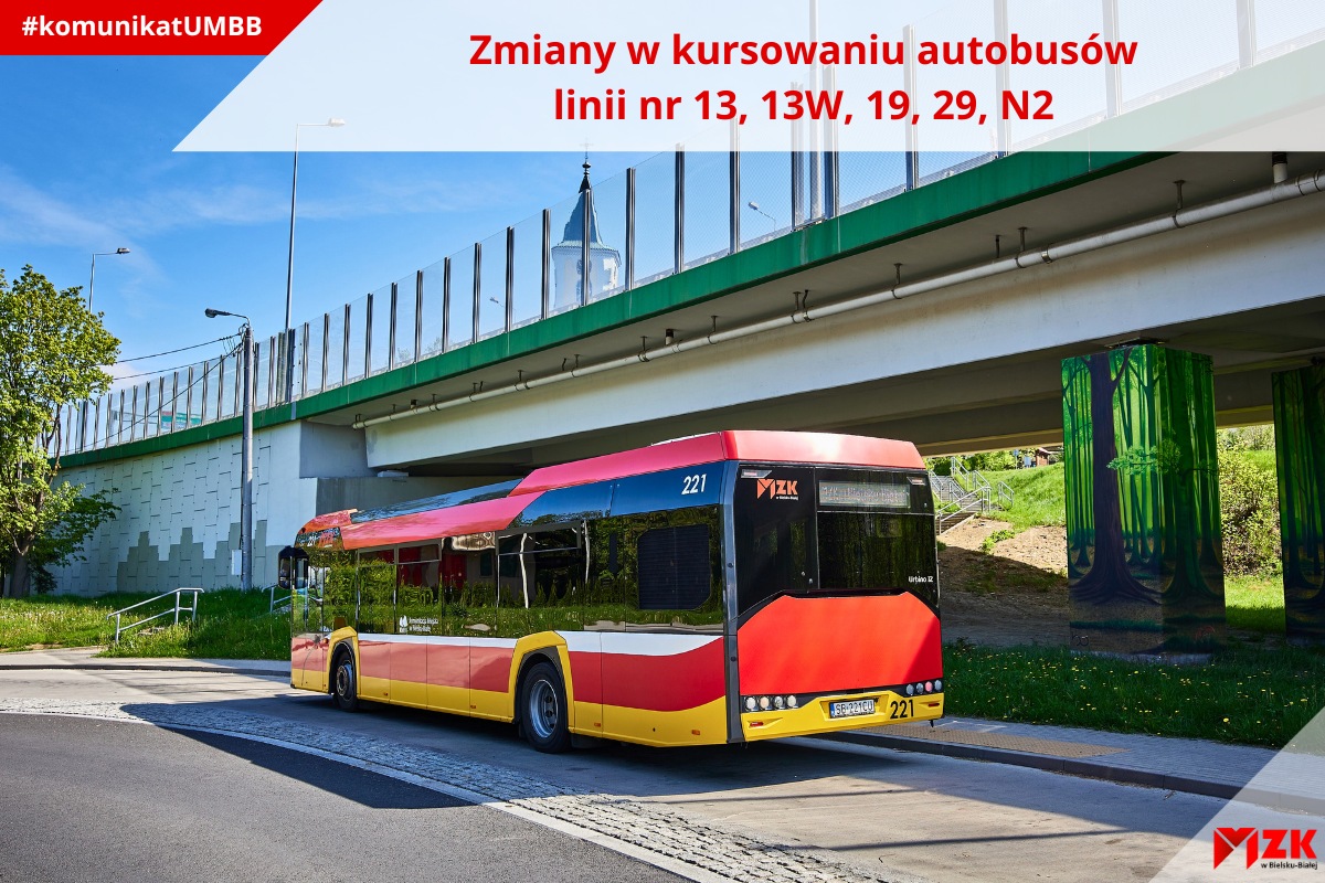 Nagłówek: Zmiany w kursowaniu linii 13, 13W, 19, 29, N2; na zdjęciu autobus