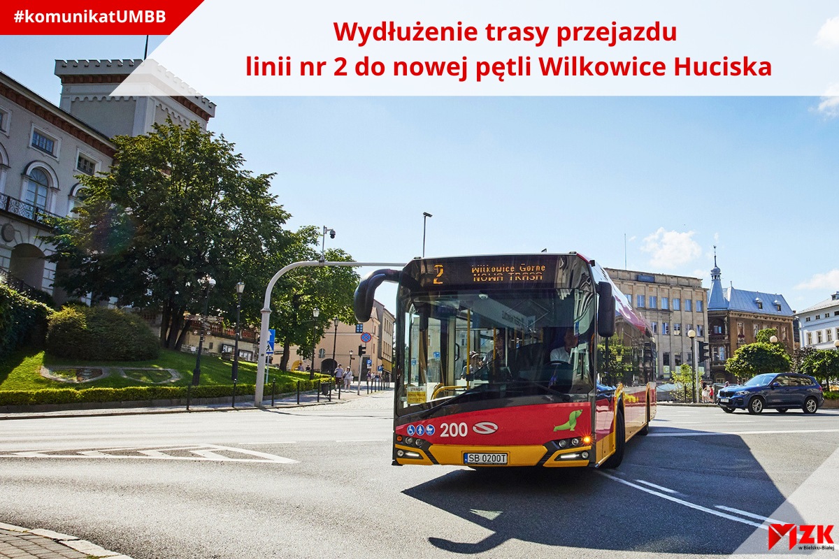 Nagłówek: Wydłużenie trasy linii nr 2; na zdjęciu autobus