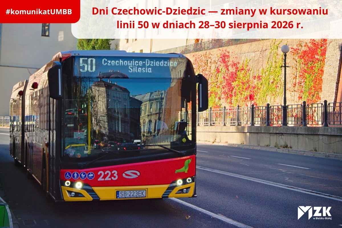 Linia 50 na tle miasta - komunikat o utrudnieniach